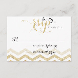 Gold Glitter Glamour Chevron Wedding RSVP Card