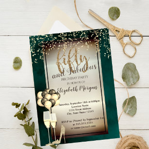 Gold Glitter Glass,Balloons Green 50th Birthday  Invitation