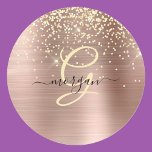 Gold Glitter, Gold Monogram, Black Script Name Classic Round Sticker<br><div class="desc">A trendy design of faux brushed rose gold metal background and gold glitter with gold monogram and black script name.</div>