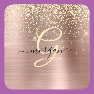 Gold Glitter, Gold Monogram, Black Script Name Coaster
