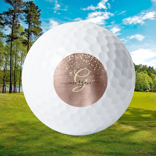 Gold Glitter, Gold Monogram, Black Script Name Golf Balls (Creator Uploaded)