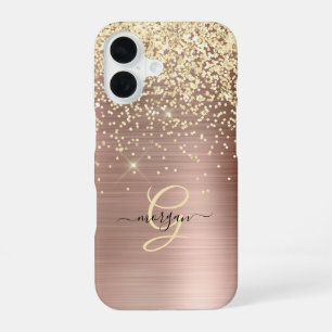 Gold Glitter, Gold Monogram, Black Script Name iPhone 16 Case