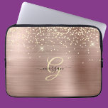 Gold Glitter, Gold Monogram, Black Script Name Laptop Sleeve<br><div class="desc">A trendy design of faux brushed rose gold metal background and gold glitter with gold monogram and black script name.</div>