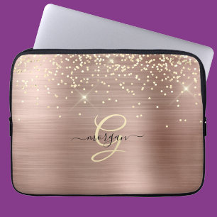Gold Glitter, Gold Monogram, Black Script Name Laptop Sleeve