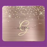 Gold Glitter, Gold Monogram, Black Script Name Mouse Pad<br><div class="desc">A trendy design of faux brushed rose gold metal background and gold glitter with gold monogram and black script name.</div>