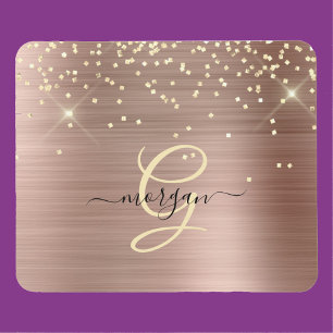 Gold Glitter, Gold Monogram, Black Script Name Mouse Pad