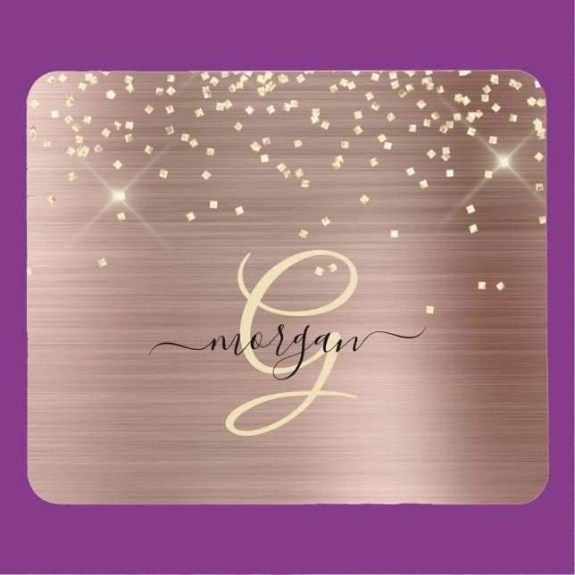 Gold Glitter, Gold Monogram, Black Script Name Mouse Pad (Creator Uploaded)