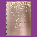 Gold Glitter, Gold Monogram, Black Script Name Notebook<br><div class="desc">A trendy design of faux brushed rose gold metal background and gold glitter with gold monogram and black script name.</div>