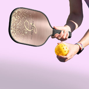 Gold Glitter, Gold Monogram, Black Script Name Pickleball Paddle