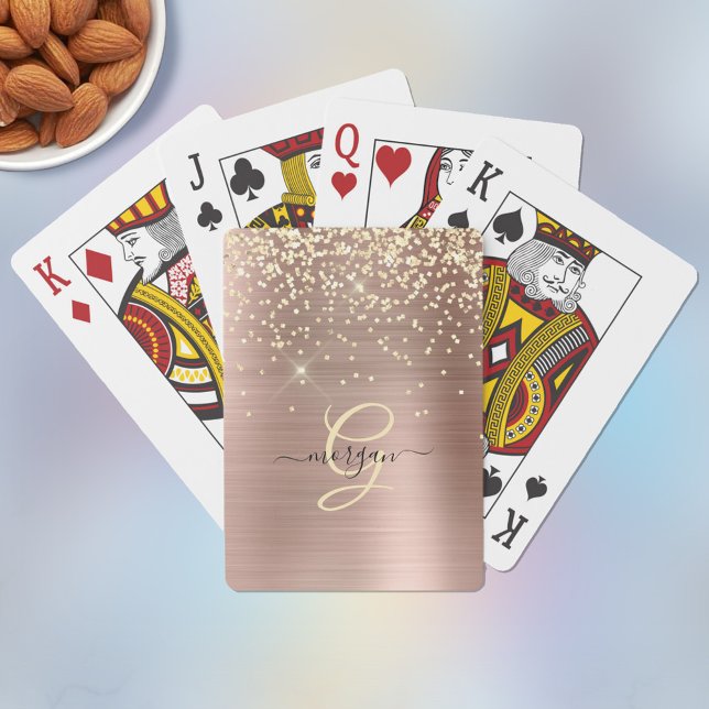 Gold Glitter, Gold Monogram, Black Script Name Playing Cards (Creator Uploaded)