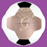 Gold Glitter, Gold Monogram, Black Script Name Soccer Ball<br><div class="desc">A trendy design of faux brushed rose gold metal background and gold glitter with gold monogram and black script name.</div>