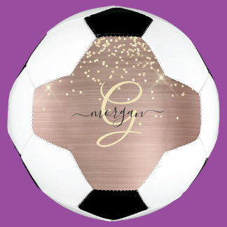 Gold Glitter, Gold Monogram, Black Script Name Soccer Ball