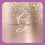 Gold Glitter, Gold Monogram, Black Script Name Square Paper Coaster<br><div class="desc">A trendy design of faux brushed rose gold metal background and gold glitter with gold monogram and black script name.</div>