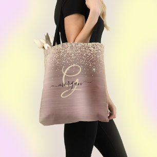Gold Glitter, Gold Monogram, Black Script Name Tote Bag