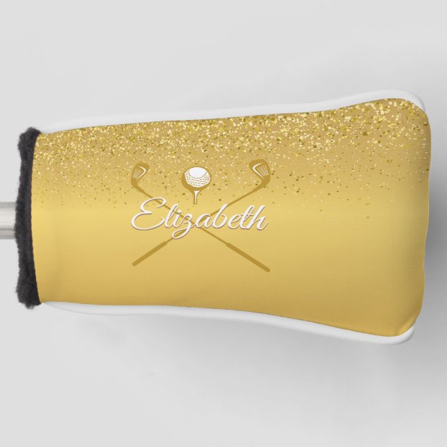 Gold Glitter Golf Ball Classic Script Name Golf Head Cover (Front)