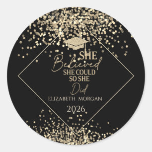Gold Glitter Grad Cap,Confetti She Believed Classic Round Sticker