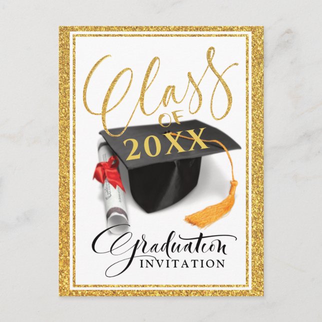 Gold Glitter Grad Cap Graduation Announcement Postcard (Front)