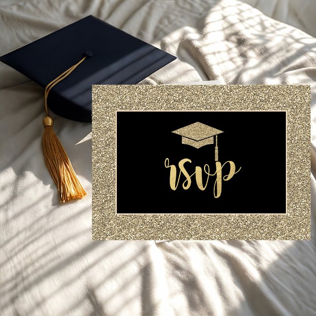 Gold Glitter Grad Cap Graduation Party RSVP Card (Creator Uploaded)
