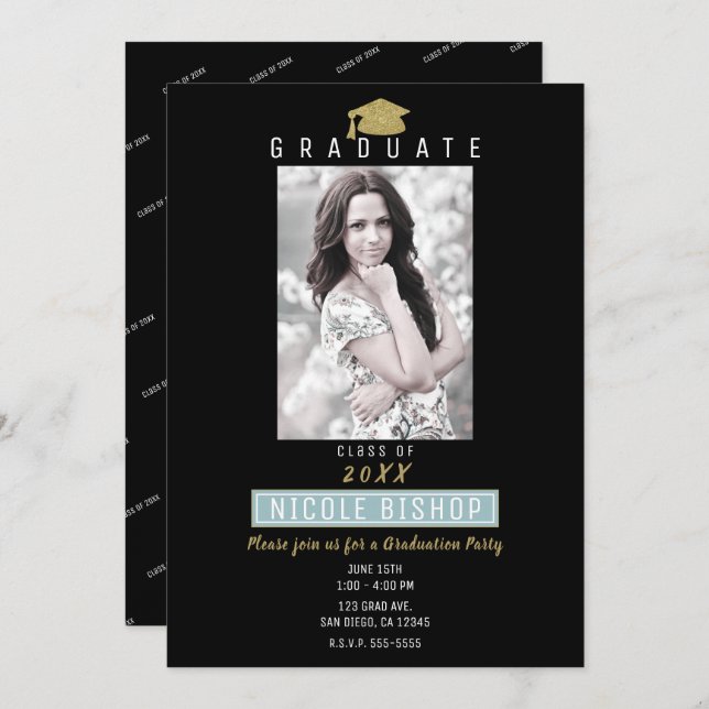 Gold Glitter Grad Cap Modern Graduation Party Invitation (Front/Back)