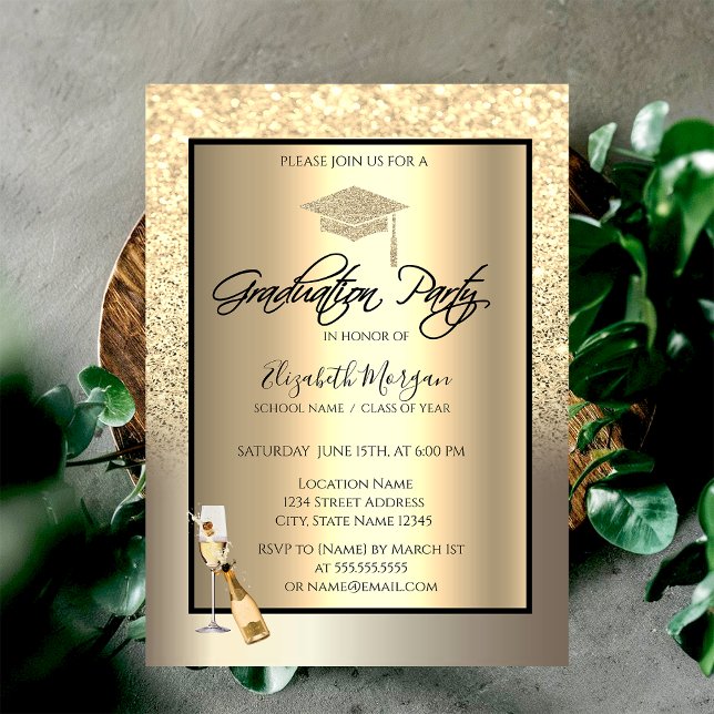 Gold Glitter Grad Cap,Wine,Glass Champagne Invitation (Creator Uploaded)