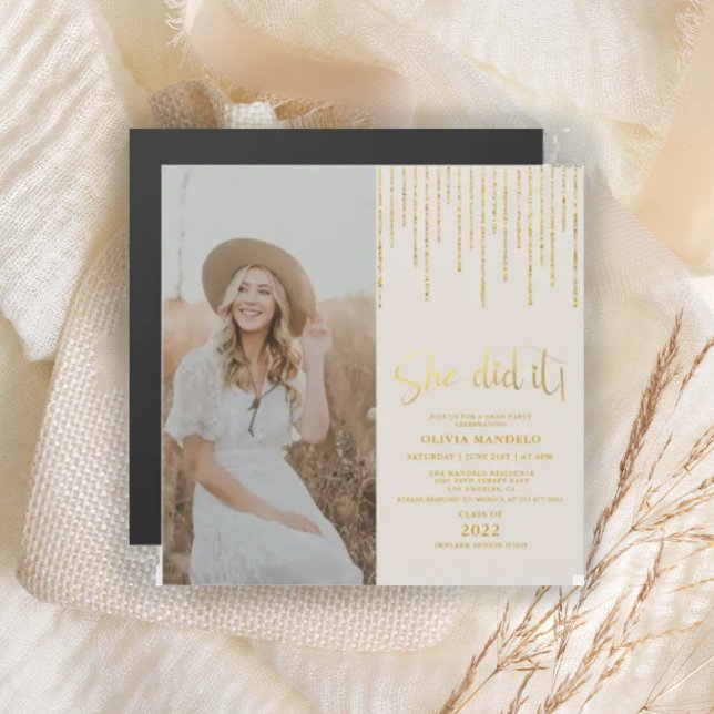 Gold Glitter Grad Party Photo Magnetic Invitation  (Creator Uploaded)