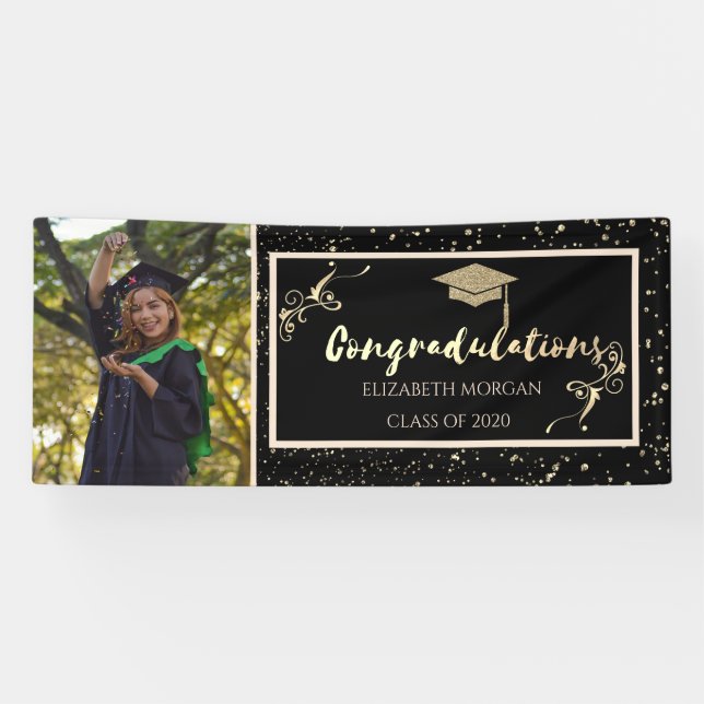 Gold Glitter Graduate Cap,Photo Graduation Banner (Horizontal)