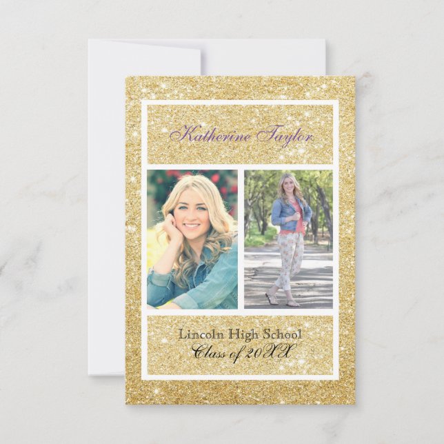 Gold Glitter Graduation Announcement 2 Photos 3x5 (Front)