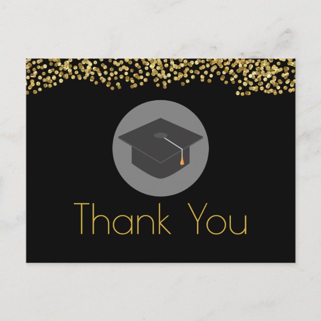 Gold Glitter & Graduation Cap on Black Thank You Postcard (Front)