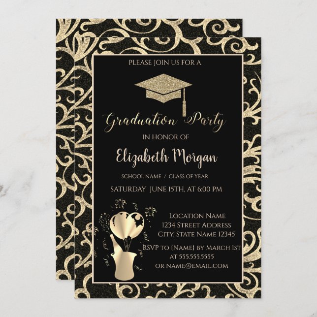 Gold Glitter Graduation Cap SwirlsGraduation Party Invitation (Front/Back)