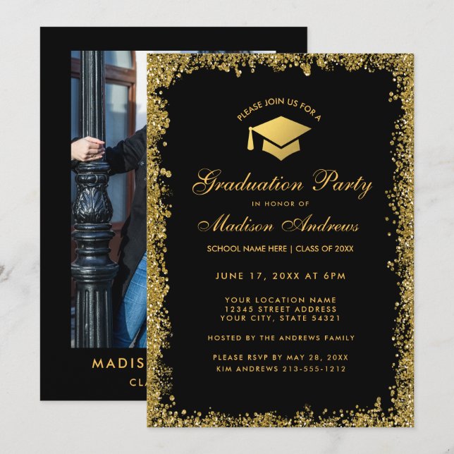 Gold Glitter Graduation Party Invite - Photo Back (Front/Back)
