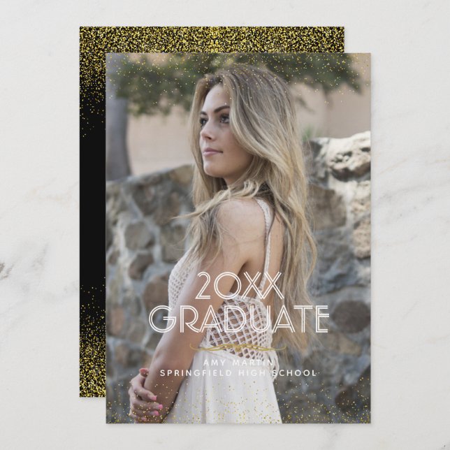 Gold Glitter Graduation Photo Announcement (Front/Back)