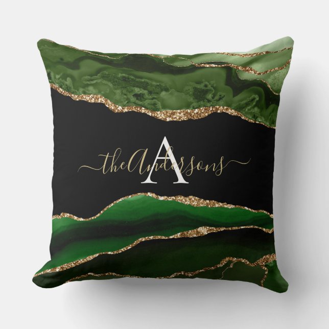 Gold Glitter Green Agate Geode Monogram Cushion (Front)