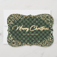 Gold Glitter Green Buffalo Plaid Christmas Cards