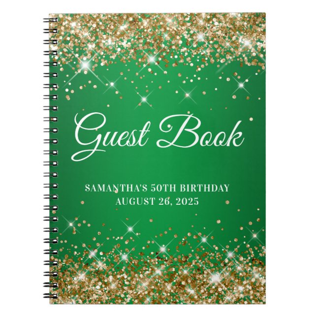 Gold Glitter Green Ombre 50th Birthday Guestbook Notebook (Front)
