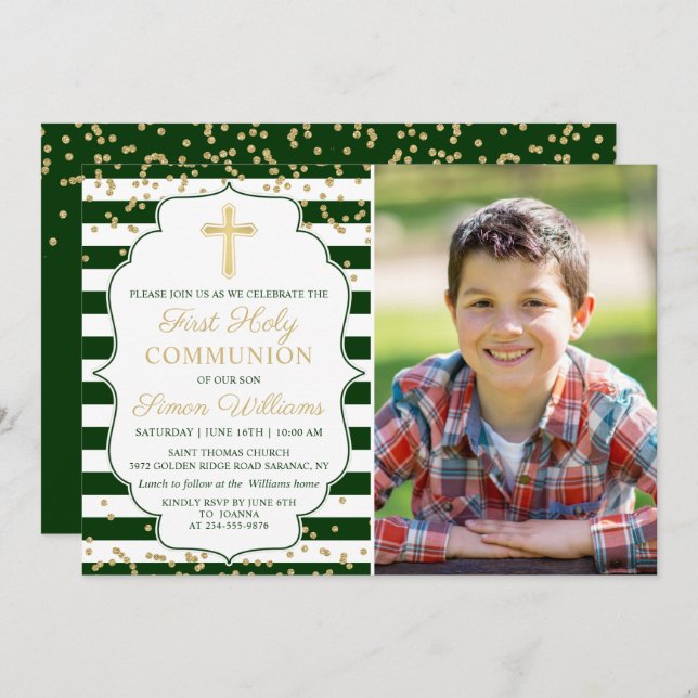 Gold Glitter Green Striped First Communion Photo Invitation (Front/Back)