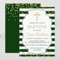 Gold Glitter Green Stripes Boy Baptism Invitation