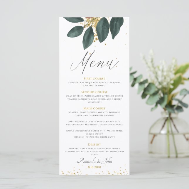 Gold Glitter Greenery Leaf Wedding Menu (Standing Front)