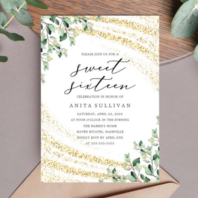 Gold Glitter Greenery Sweet Sixteen 16 Birthday Invitation (Creator Uploaded)