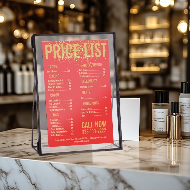 Gold Glitter Hair Cut Stylist Red Price List Flyer (Perfect for business)