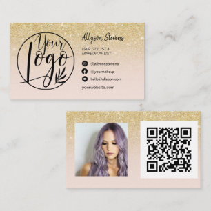 Gold glitter hair makeup photo logo qr pink business card