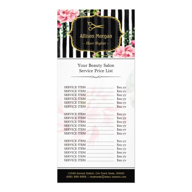 Gold Glitter Hair Salon Pink Floral Price List Rack Card (Front)