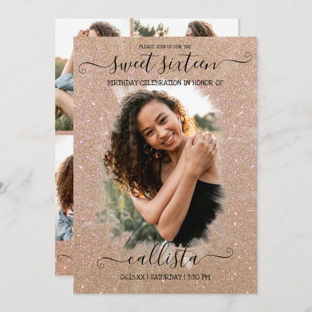 Gold Glitter Halo Photo Collage Sweet 16 Invitation (Front/Back)
