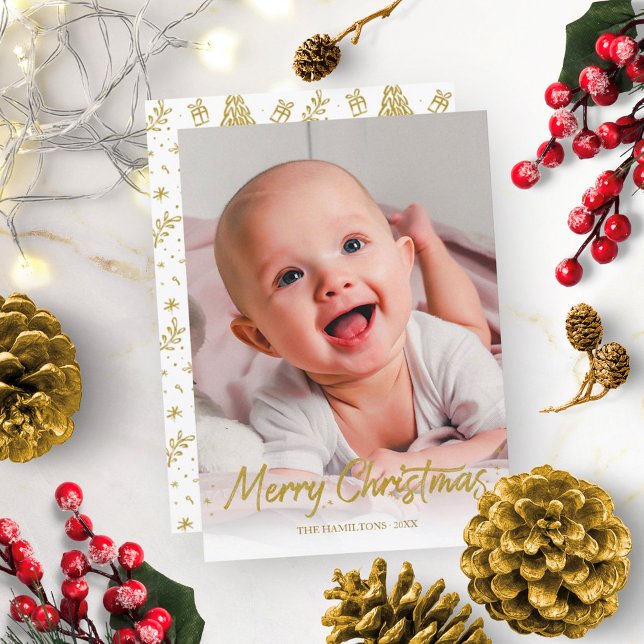 Gold Glitter Handwritten Photo Merry Christmas Invitation (Creator Uploaded)