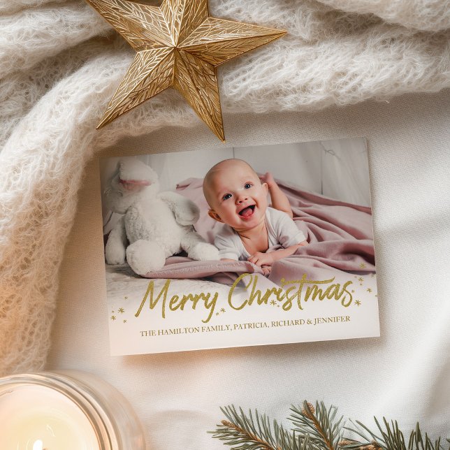 Gold Glitter Handwritten Photo Merry Christmas Postcard (Creator Uploaded)