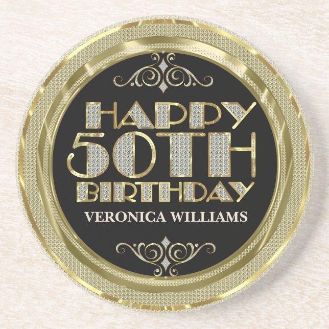 Gold Glitter Happy 50th Birthday Coaster (Front)