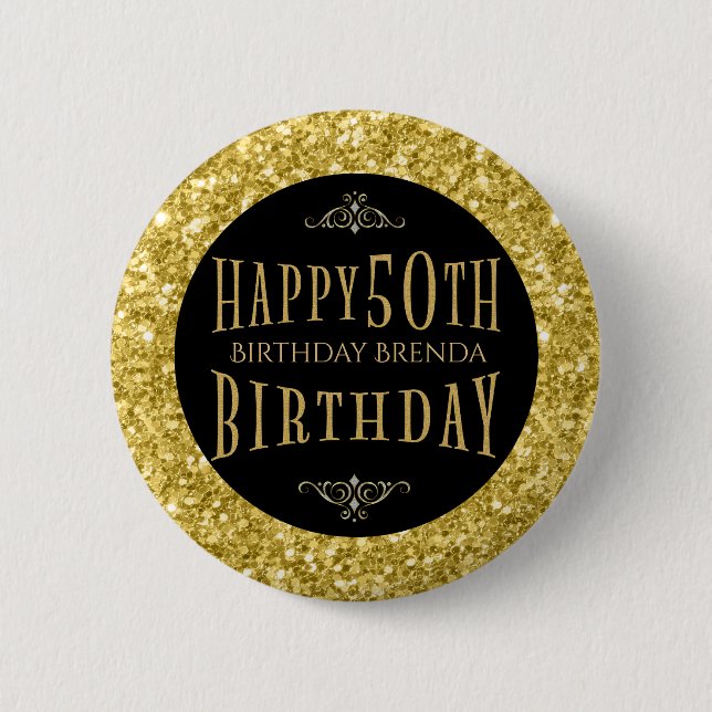 Gold Glitter Happy 50th Birthday Template 6 Cm Round Badge (Front)
