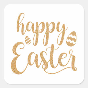 Gold Glitter Happy Easter Egg Square Sticker