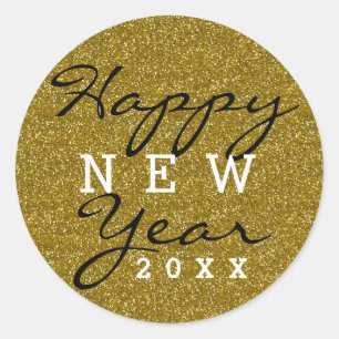 Gold Glitter Happy New Year Classic Round Sticker