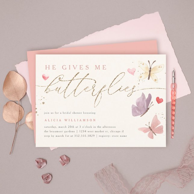Gold Glitter He Gives Me Butterflies Bridal Shower Invitation (Creator Uploaded)