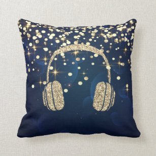 Gold Glitter Headphone,Stars Dots Navy Blue Cushion